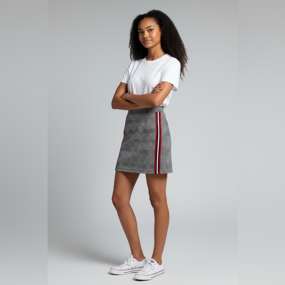 Houndstooth Mini Skirt Juniors L Red Stripe Preppy Plaid Sporty by Ultra Flirt